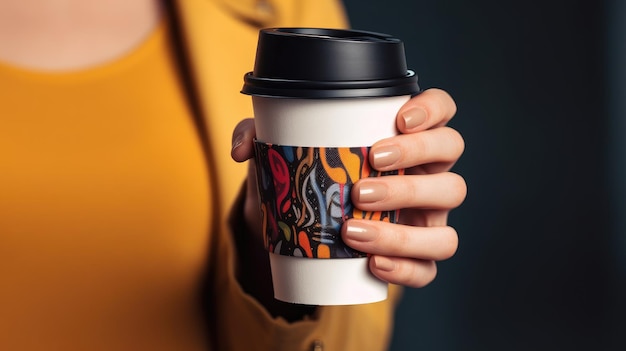 Une femme tenant une tasse de café avec un dessin coloré dessus.