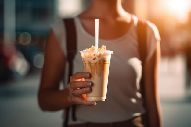 Une femme tenant une tasse de café glacé avec une paille