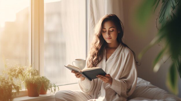 Femme tenant une tasse de café et lisant un livre près de la fenêtre Bonjour concept de style de vie