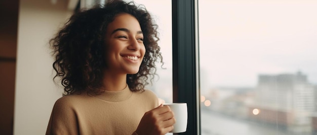 Photo une femme tenant une tasse de café près d'une fenêtre