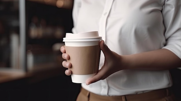 Une femme tenant une tasse de café qui dit "café" dessus