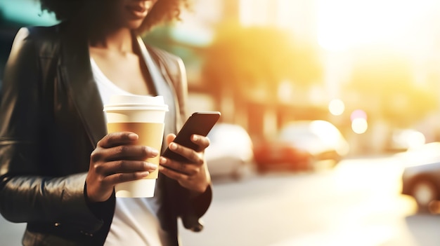 Une femme tenant une tasse de café et regardant son téléphone.