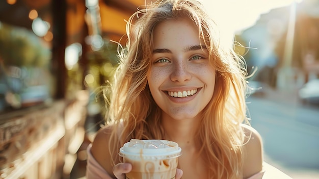 une femme tenant une tasse de café et souriante