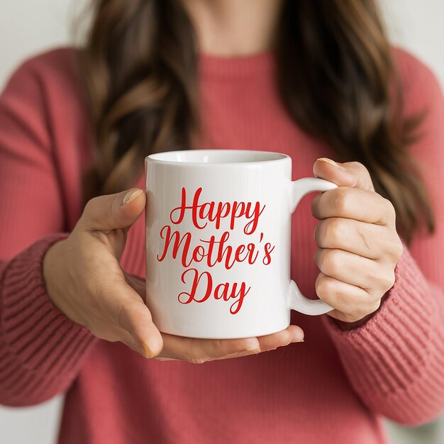 une femme tenant une tasse qui dit " Joyeuse fête des mères "