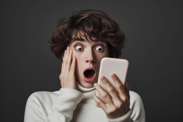 Une femme tenant un téléphone portable devant son visage son expression exagérée de fascination par ce qu'elle voit sur l'écran