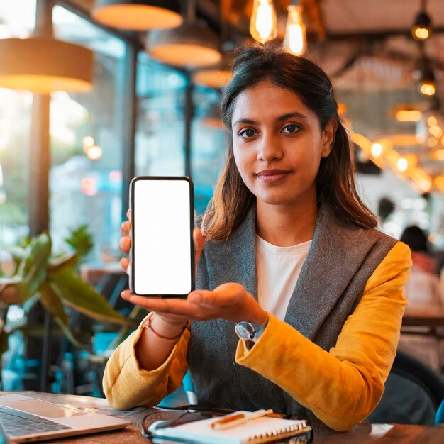 femme tenant un téléphone portable avec un écran vide alors qu'elle travaille dans un café