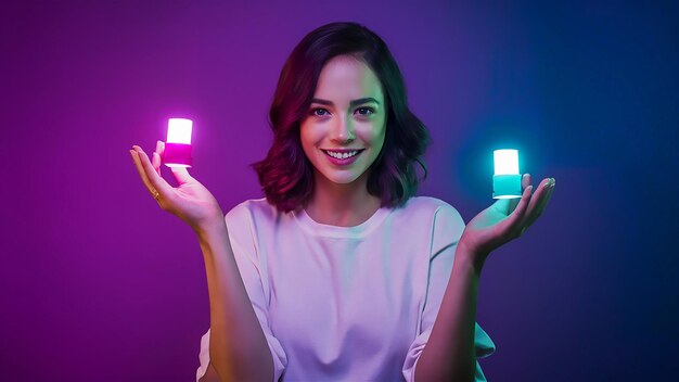 Photo une femme tenant trois petites lumières dans ses mains