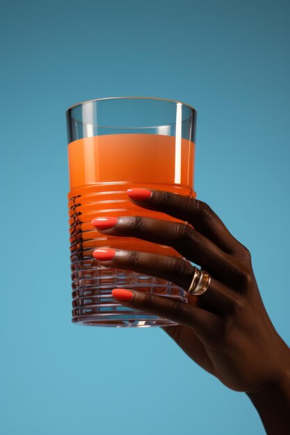 Femme tenant un verre de concept publicitaire de jus