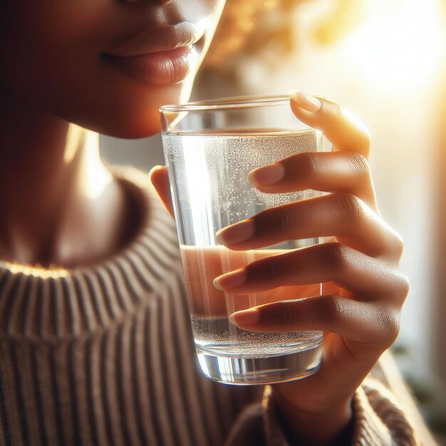 Photo une femme tenant un verre d'eau avec le soleil brillant derrière elle