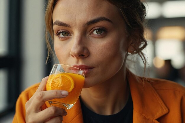 Une femme tenant un verre de jus d'orange avec un