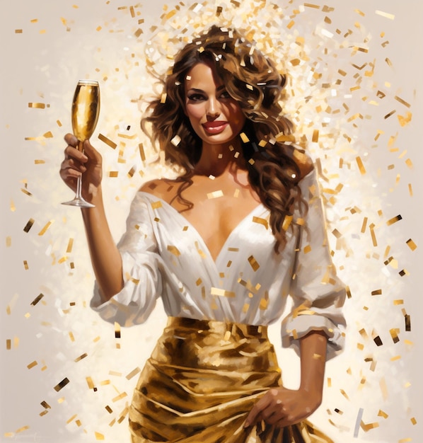 Photo une femme tenant un verre de style de peinture au champagne