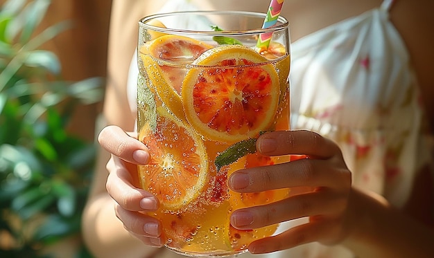 une femme tenant un verre avec des tranches d'orange et une paille dans sa main