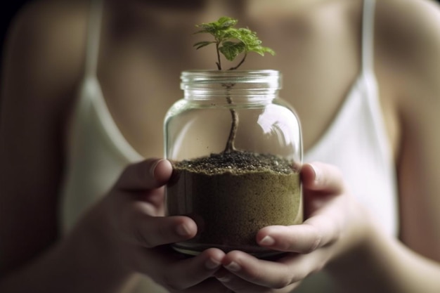 Femme tenant un vrai pot avec une plante d'arbre à l'intérieur du concept du jour de la Terre