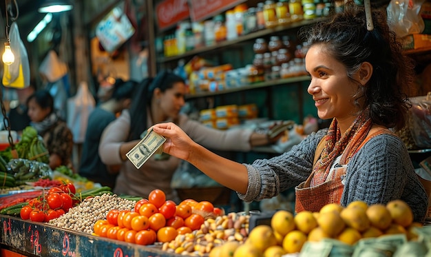 une femme tend un billet d'un dollar à une femme