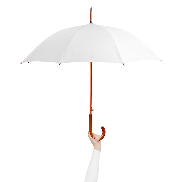 Femme tenir un parapluie ouvert blanc isolé sur fond blanc main de femme levée tenant un parapluie ouvert