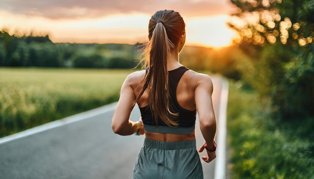 Une femme en tenue d'athlète qui court joyeusement au coucher du soleil, incarnant la santé et la vitalité.