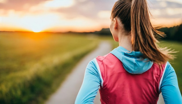 Une femme en tenue d'athlète qui court joyeusement au coucher du soleil, incarnant la santé et la vitalité.