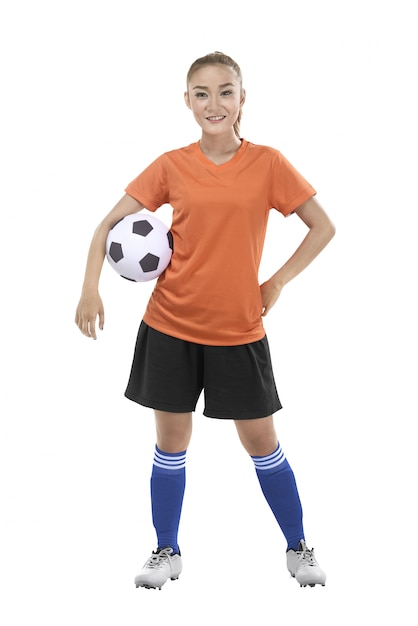 Femme, tenue, balle football