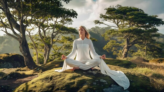 Photo une femme en tenue blanche méditant dans la nature