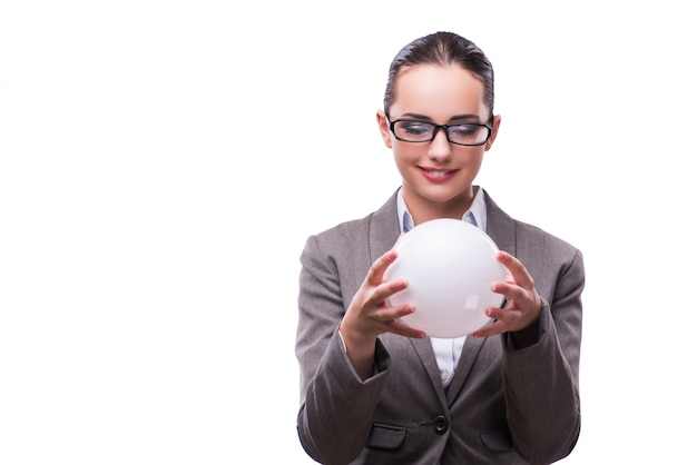 Femme, tenue, boule cristalline, isolé, blanc