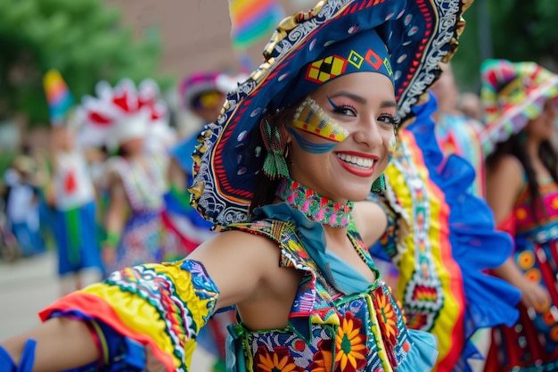 Une femme en tenue colorée sourit et danse.