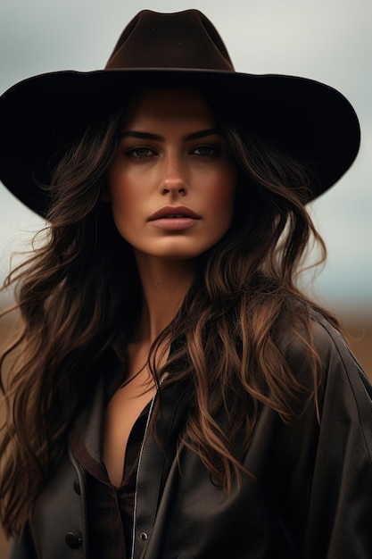 Une femme en tenue de cow-boy portant un chapeau noir de mode country