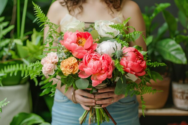 Une femme en tenue décontractée tenant un bouquet de pioies et de fougères fraîchement cueillies dans une serre