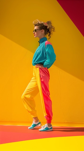 Une femme en tenue d'entraînement rétro colorée pose