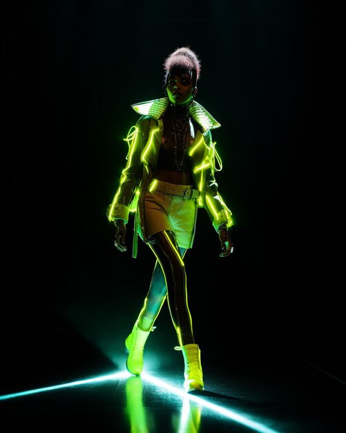 Une Femme En Tenue Fluo Marche Sur Un Sol Noir.