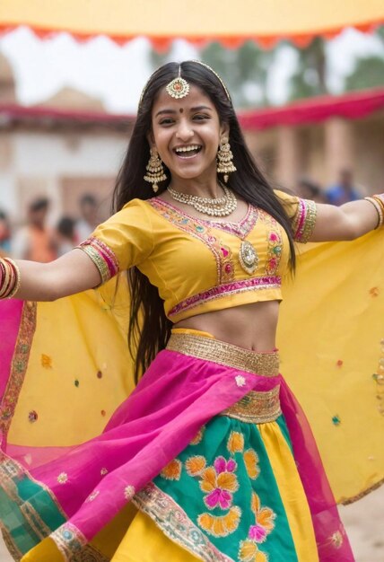 une femme en tenue jaune et rose danse avec les bras tendus