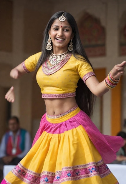 une femme en tenue jaune et rose danse avec les bras tendus