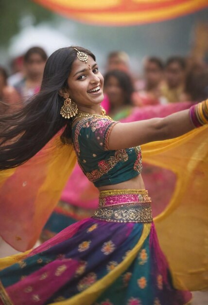 Photo une femme en tenue jaune et rose danse avec les bras tendus