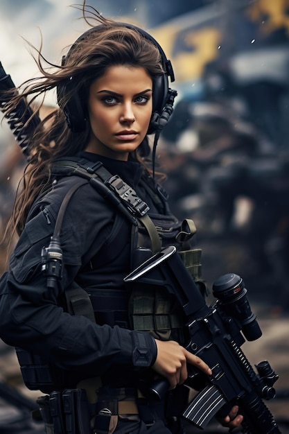 une femme en tenue militaire tenant une arme à feu