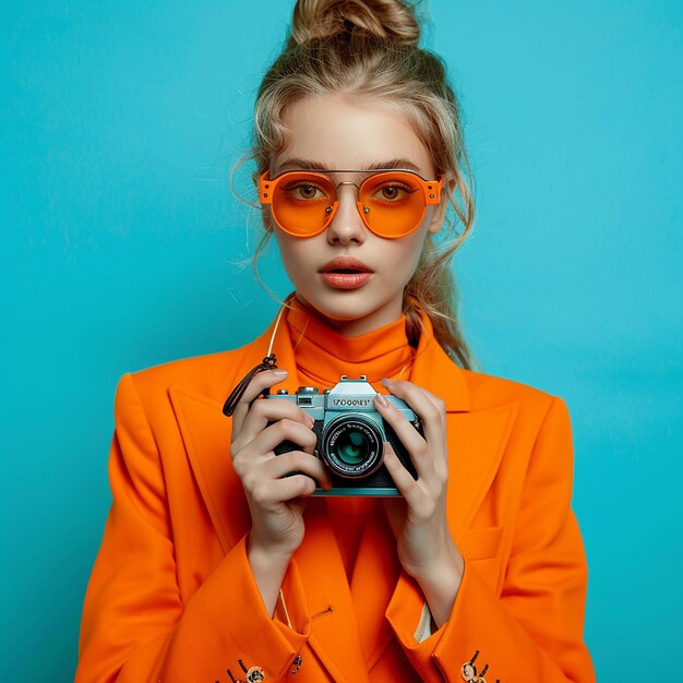 Photo une femme en tenue orange avec des lunettes de soleil orange tenant une caméra