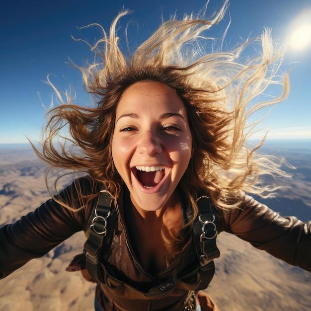 Femme en tenue de parachutisme avec une expression joyeuse