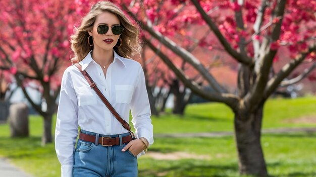 Femme en tenue de printemps à la mode jeans bleus et chemise blanche