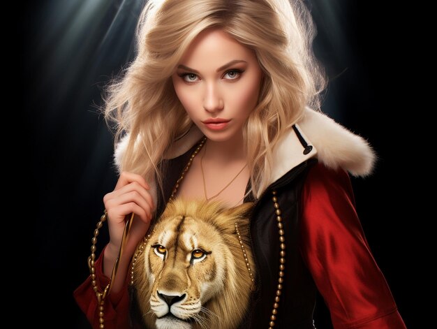 une femme en tenue rouge et noire tient un lion et un lion.