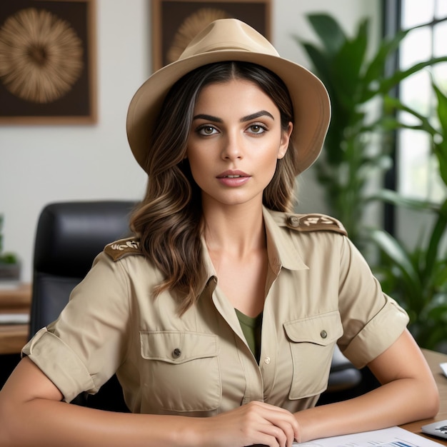 femme en tenue de safari dans la jungle dans un bureau d'entreprise