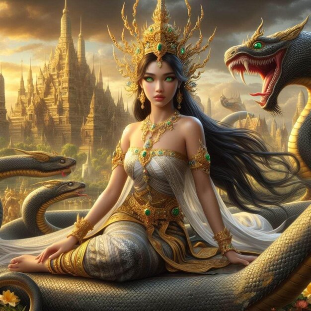 une femme en tenue de sirène est assise sur un dragon avec un serpent dans ses cheveux