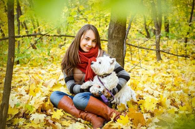 femme, à, terrier