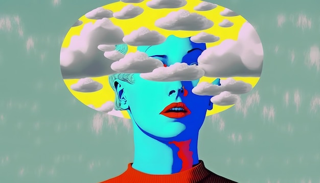 Une femme avec une tête pleine de nuages dans ses cheveux