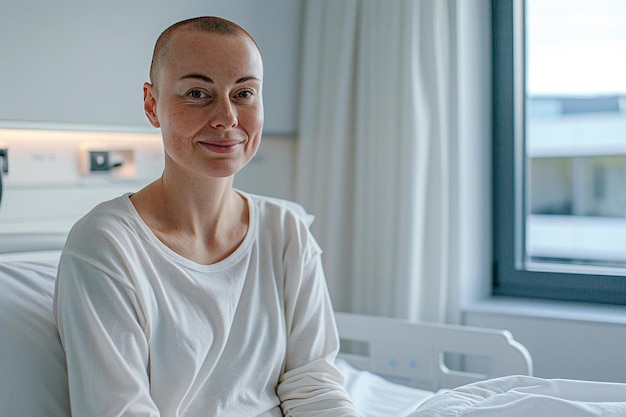 Photo une femme à la tête rasée assise dans un lit d'hôpital