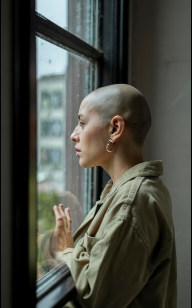 Une femme à la tête rasée regarde par une fenêtre.