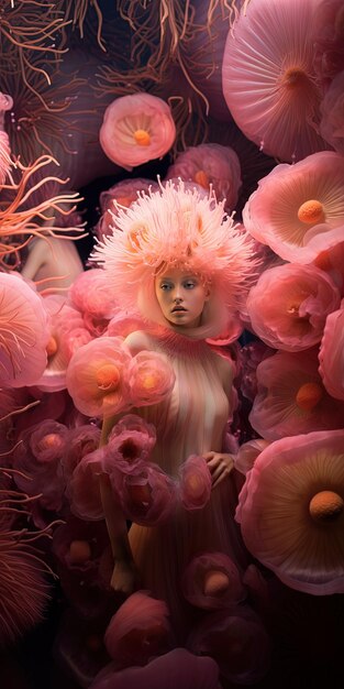 Photo une femme avec une tête rose dans un corail rose