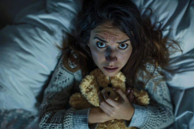 Une femme tient un animal en peluche.