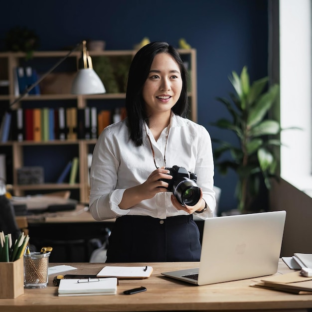 une femme tient un appareil photo et un ordinateur portable devant son AI généré