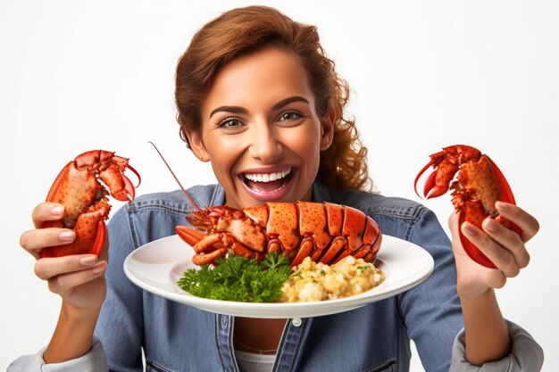 une femme tient une assiette de homards