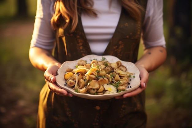 Une femme tient une assiette avec des pâtes et des herbes