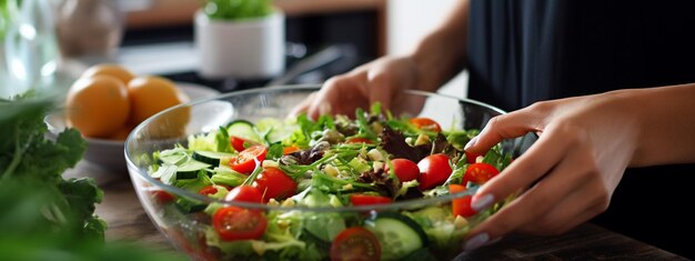 Une femme tient une assiette avec une salade de nourriture dans ses mains sur le fond de la cuisine