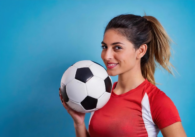 Une femme tient un ballon de football et sourit.